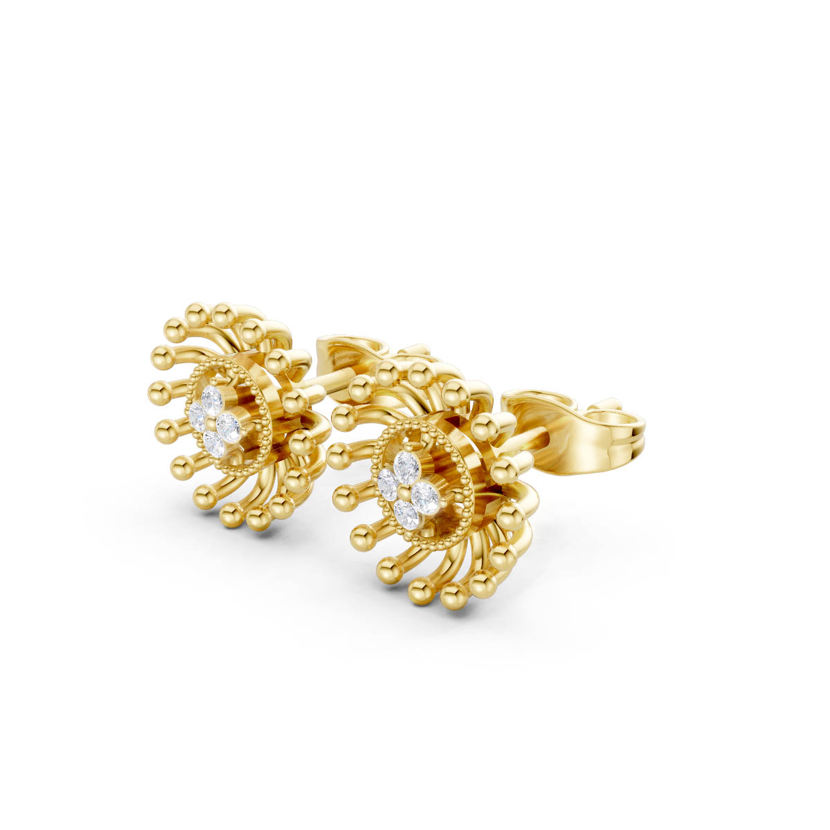 Gold Sunburst Diamond Earrings view 2